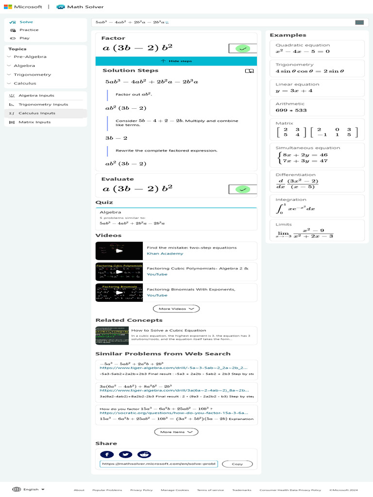 Solve 5ab 3-4ab 2+2b 2a-2b 3a Microsoft Math Solver | PDF | Equations ...