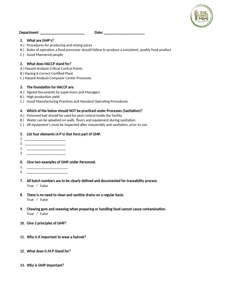 GMP and HACCP Training Quiz | PDF