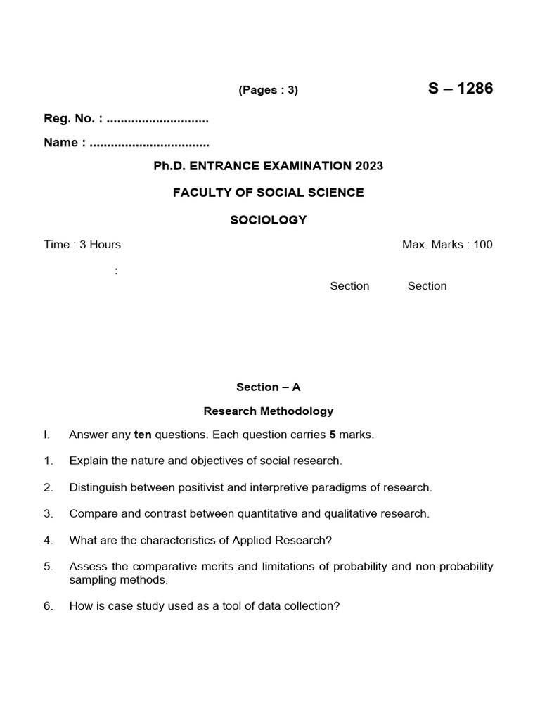 Ph.D. Sociology Entrance Exam 2023 | PDF | Sociology | Social Sciences