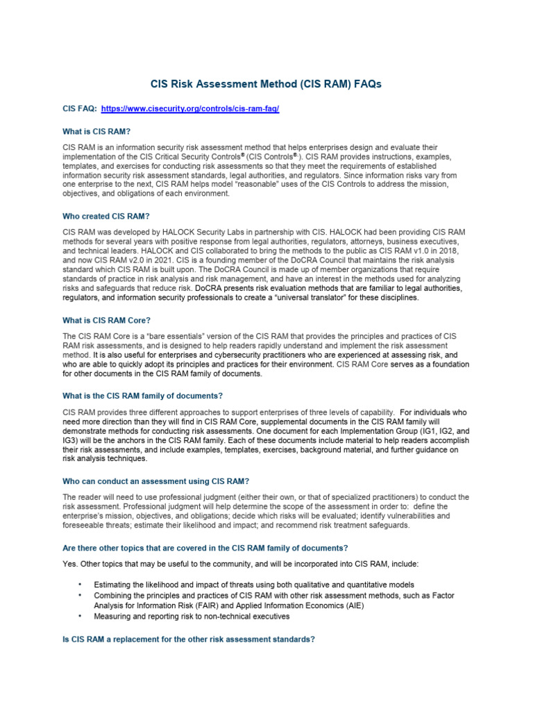CIS RAM FAQs - 10-27-2021 | PDF | Risk | Risk Management