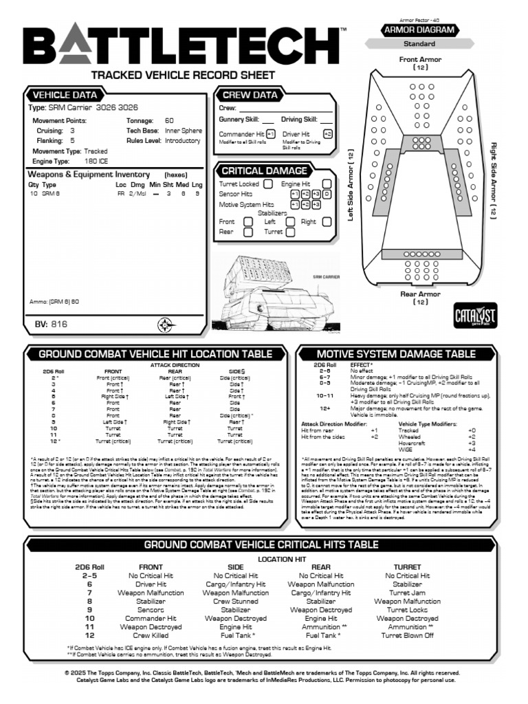 SRM Carrier 3026 3026 | PDF | Battle Tech | Armoured Fighting Vehicles