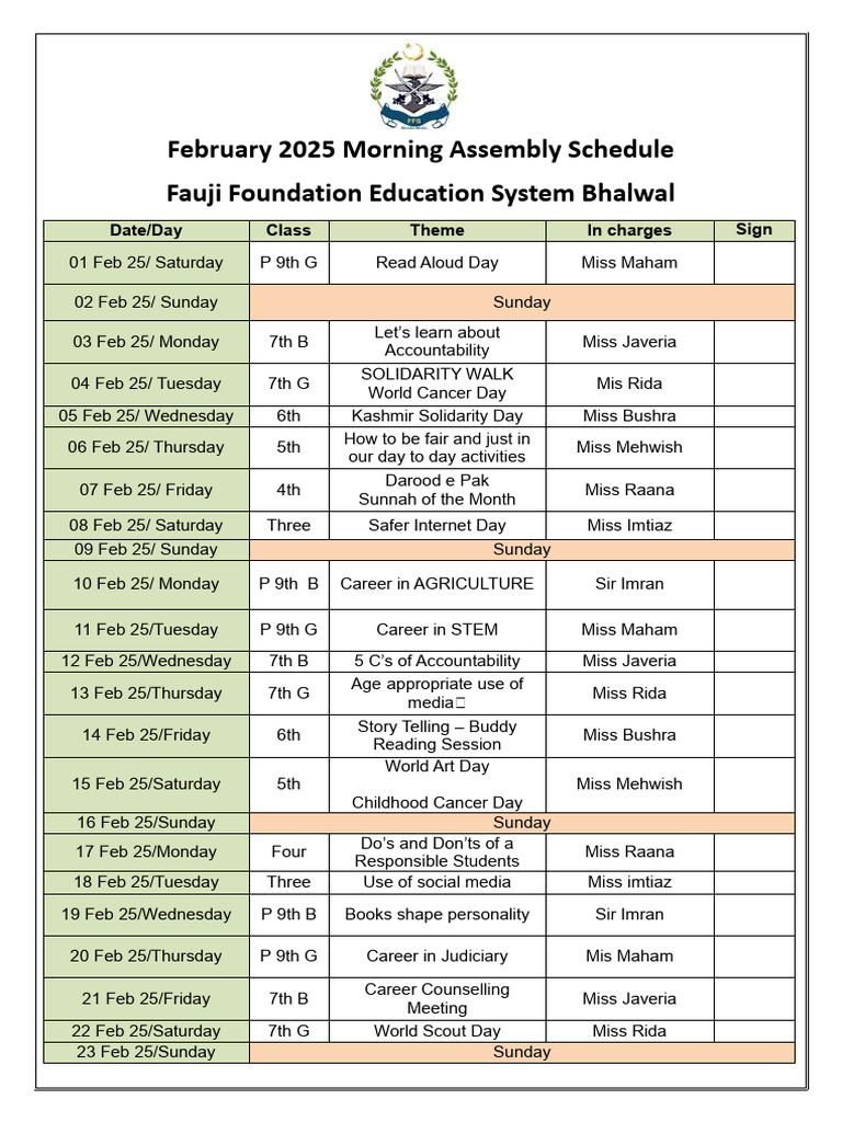 February 2025 Assembly Schedule | PDF