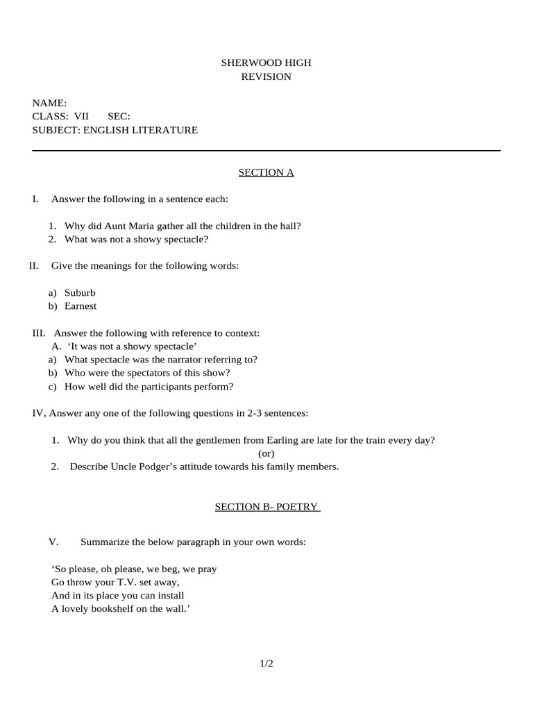 Grade 7 English Literature Revision Pdf