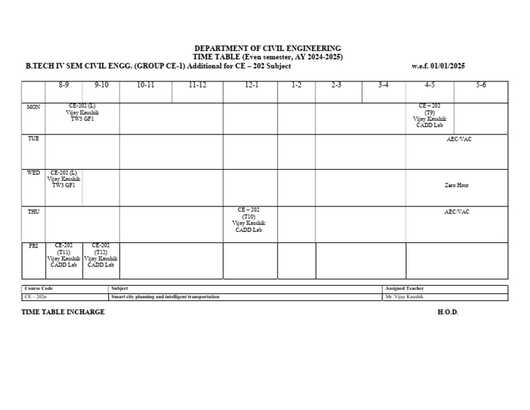 Civil Engineering IV Sem Time Table 2024 | PDF