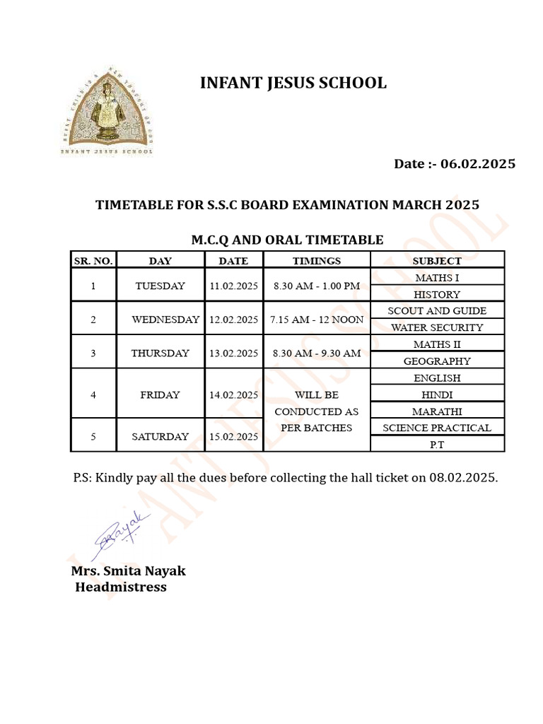SSC Board Exam Timetable 2025 | PDF
