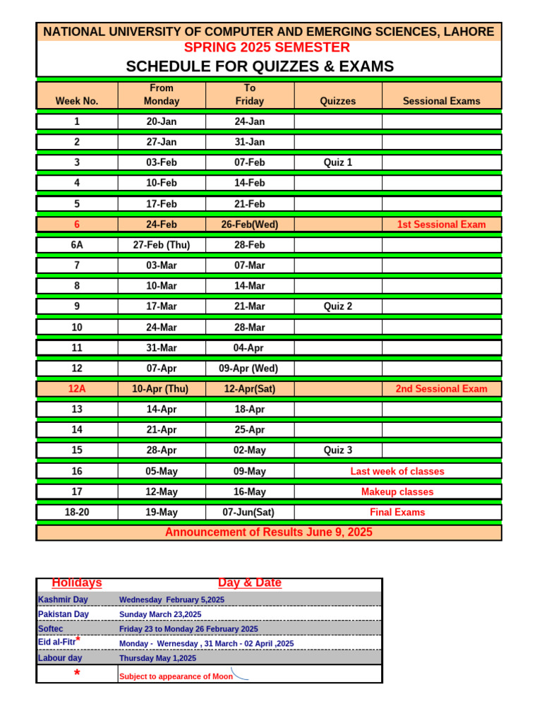 Spring 2025 Exam Schedule - NUCES Lahore | PDF