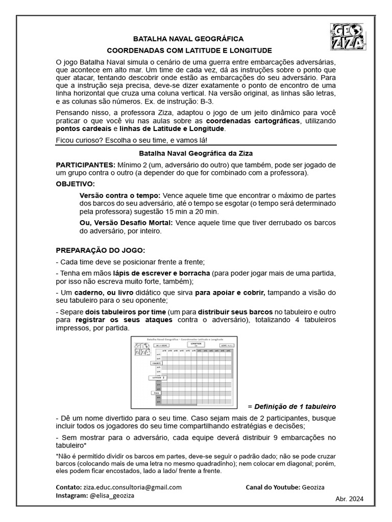 Jogo Batalha Naval Geográfica com Coordenadas | PDF | Longitude | Latitude