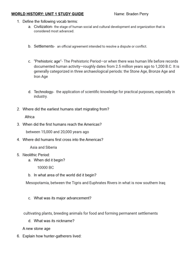 Braden Perry Copy of Unit 1 Study Guide (World History) | PDF ...