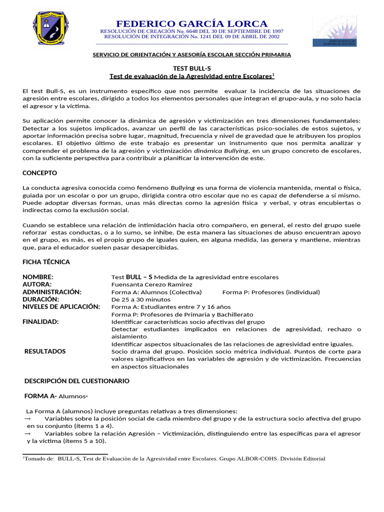 Test Bull-S: Evaluación de Agresividad Escolar | PDF | Agresión ...