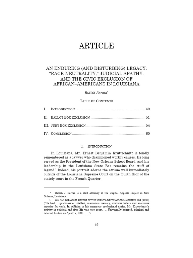 4682 an Enduring and Disturbing Legacy Race Neutrality Judicial Apathy