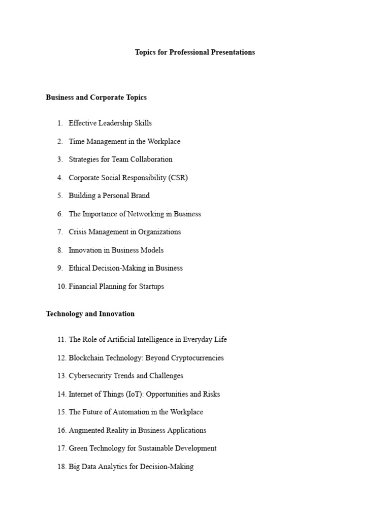 Professional Presentation Topics Overview | PDF | Sustainability ...