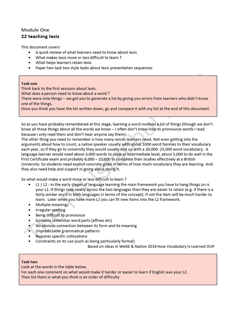 M1 22 Teaching Lexis Moodle Notes 2019 | PDF | Vocabulary | Second Language