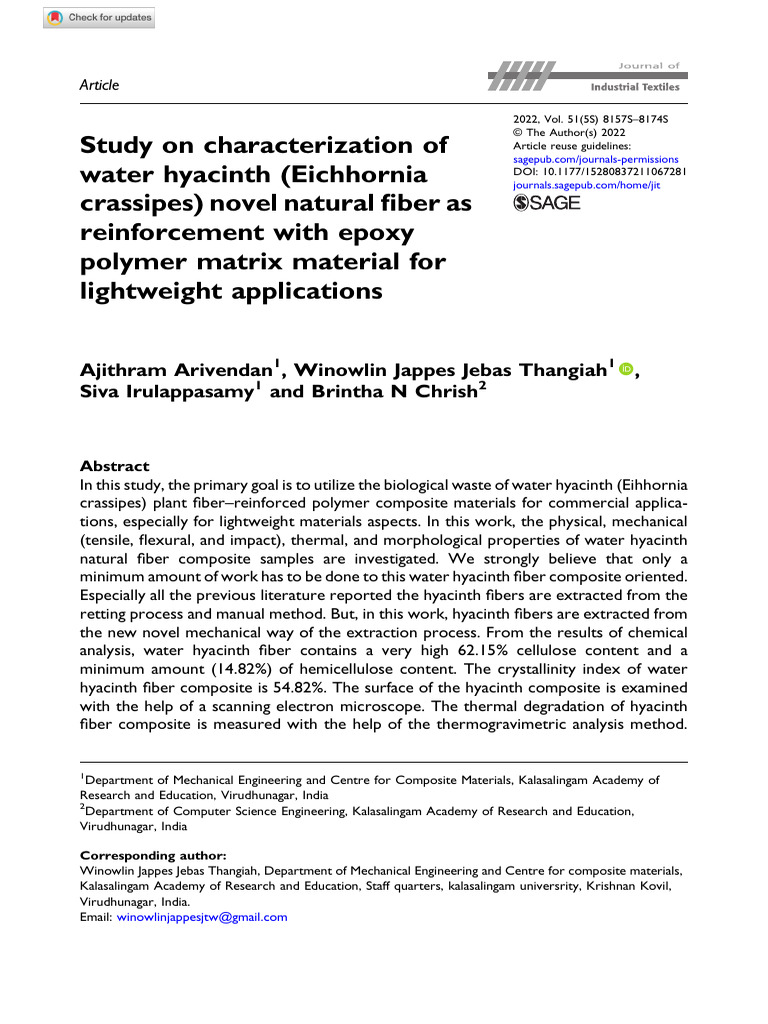 Water Hyacinth Fiber for Lightweight Composites | PDF | Composite ...