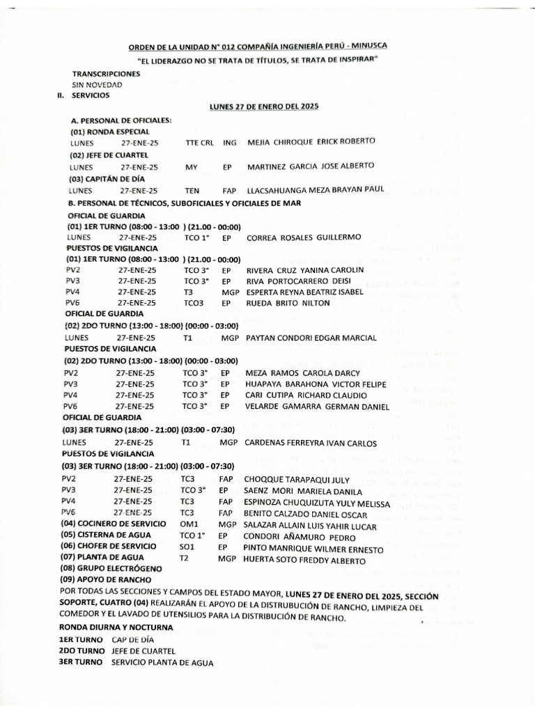 Orden de La Unidad #012 Cia Ing Perú Minusca Del 27 Al 28 Ene 25 | PDF