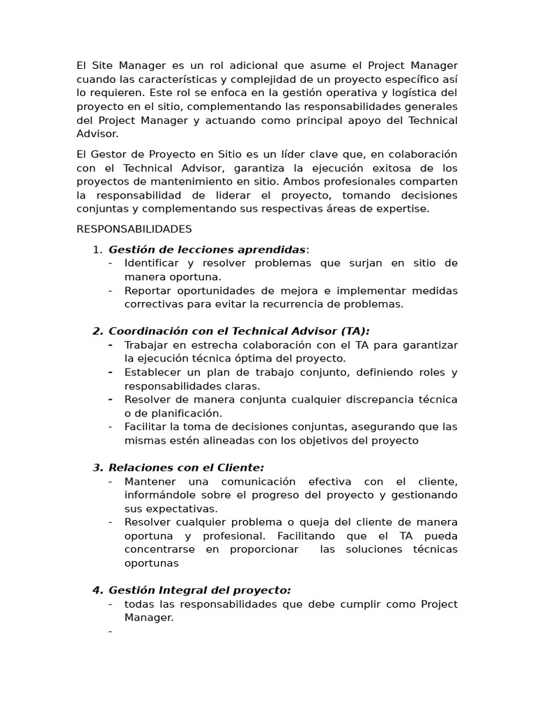 Funciones del Site Manager en Proyectos | PDF | Gerente de proyecto ...