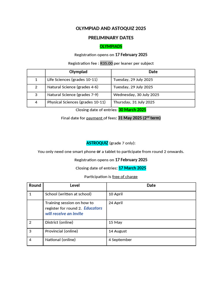 Olympiad and Astroquiz 2025 Dates | PDF