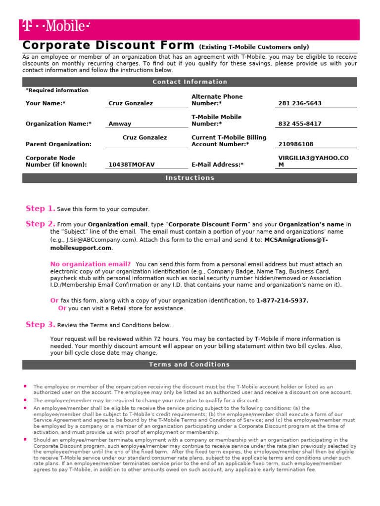 T-Mobile Corporate Discount Form | PDF | T Mobile Us | Employment