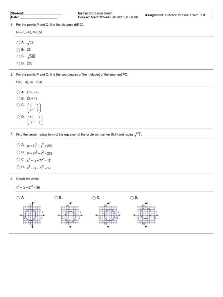 Final Exam Practice for MAC1105 | PDF | Mathematics | Mathematical Analysis