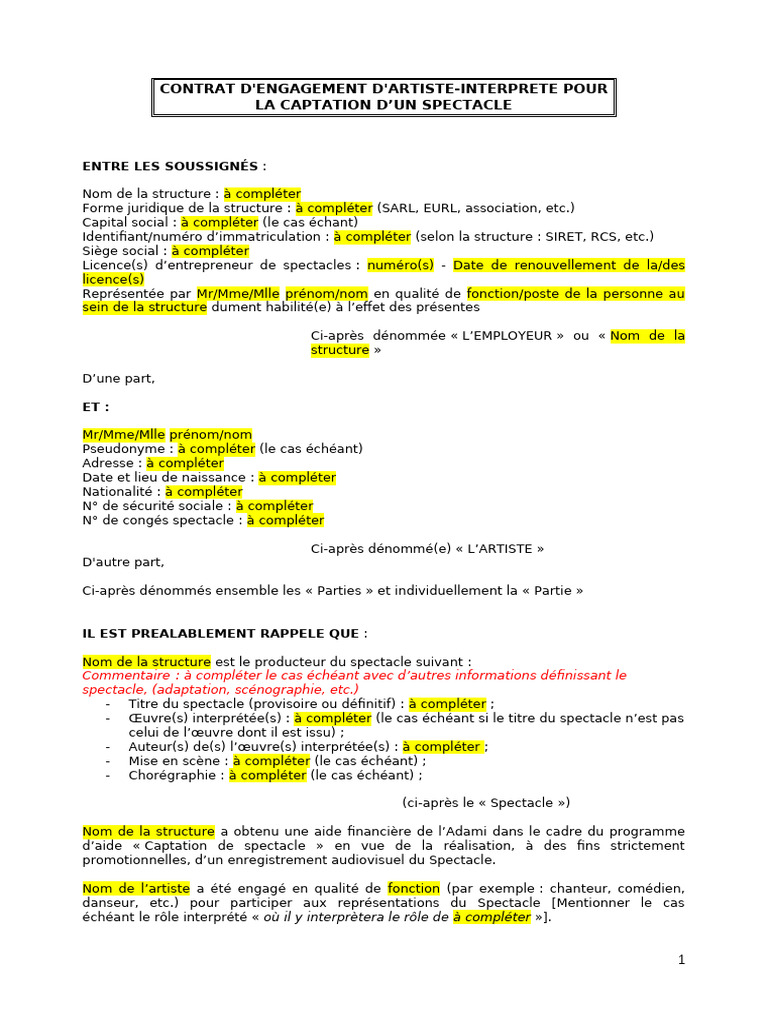 Contrat d'engagement artiste interprète | PDF | Convention collective