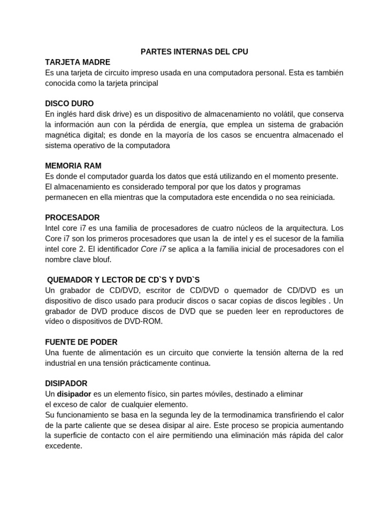 Partes Internas del CPU y Hardware | PDF | Hardware de la computadora ...