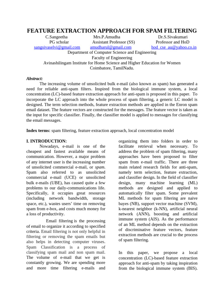 Feature Extraction Approach For Spam Filtering | PDF | Applied ...