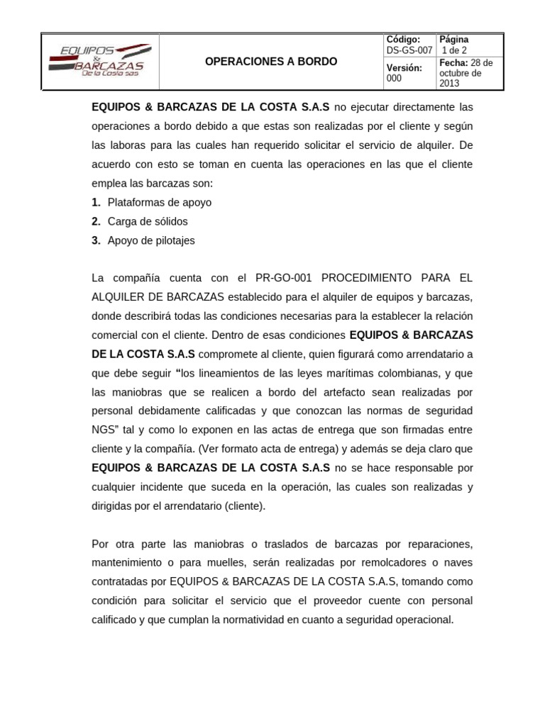 DS-GS-007 Operaciones A Bordo | PDF | Póliza de seguros