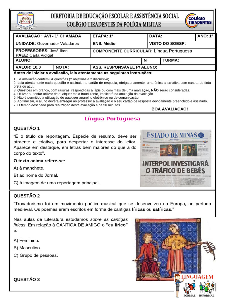 Avaliação de Língua Portuguesa e Inglesa | PDF