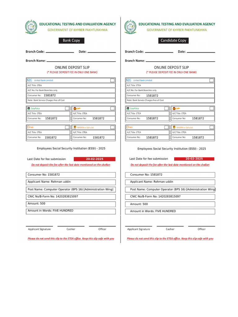 ESSI 2025 Fee Submission Details | PDF