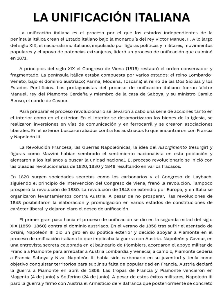 La Unificación Italiana | PDF | Reino de italia | Italia