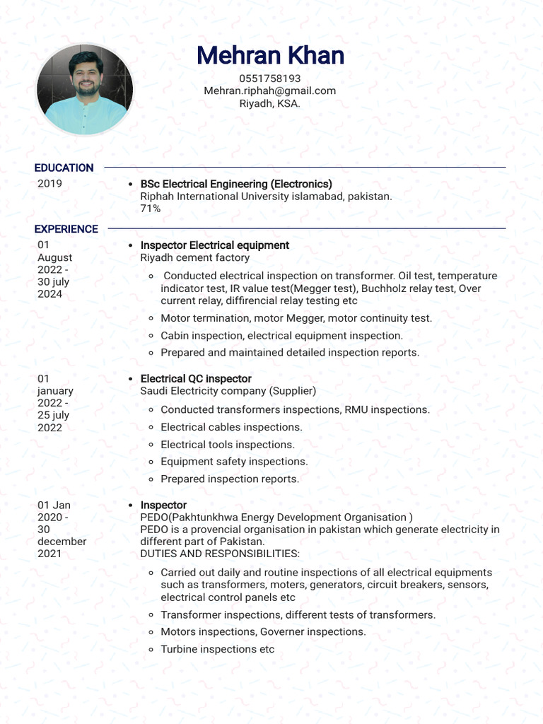 Electrical Inspector Resume - Riyadh KSA | PDF | Electricity ...