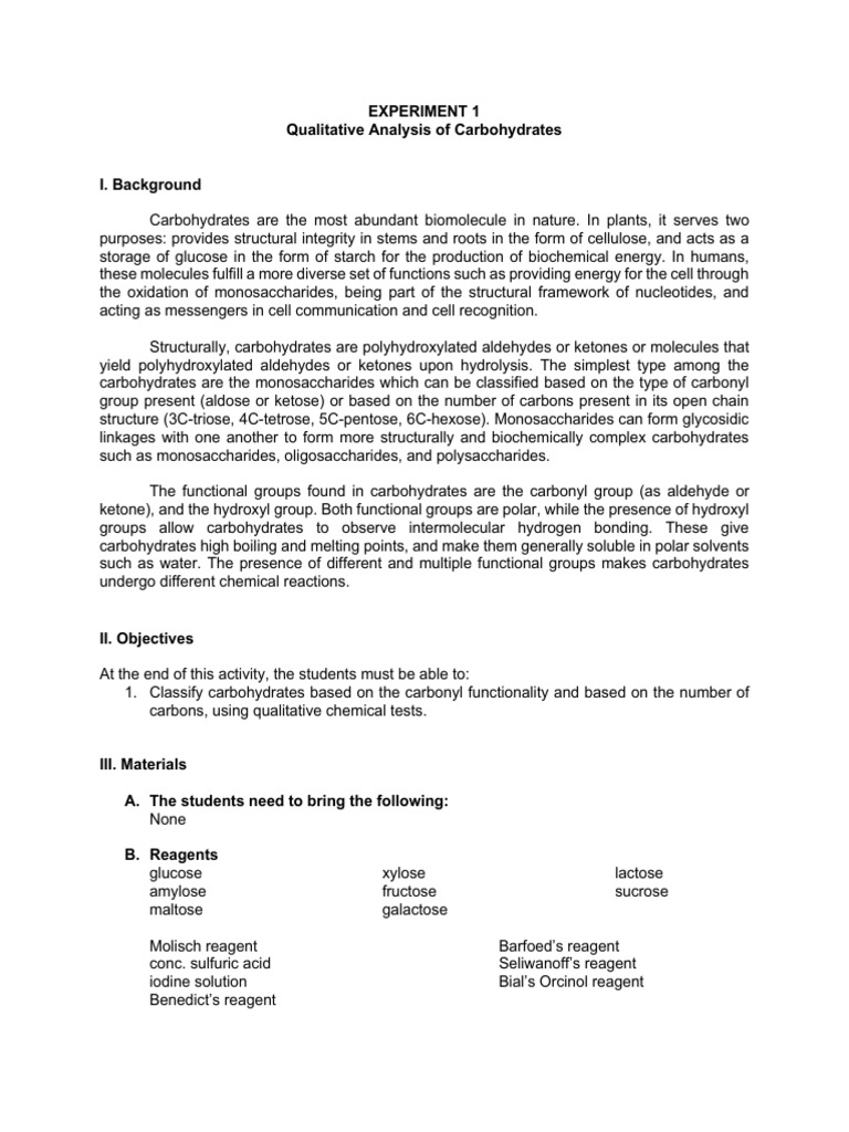 Qualitative Carbohydrate Analysis Guide | PDF | Carbohydrates ...