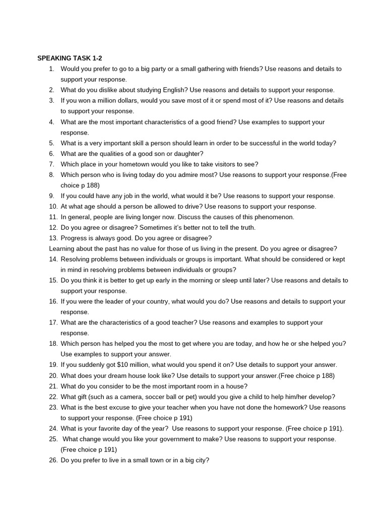 Speaking Task Prompts Overview | PDF | Reason