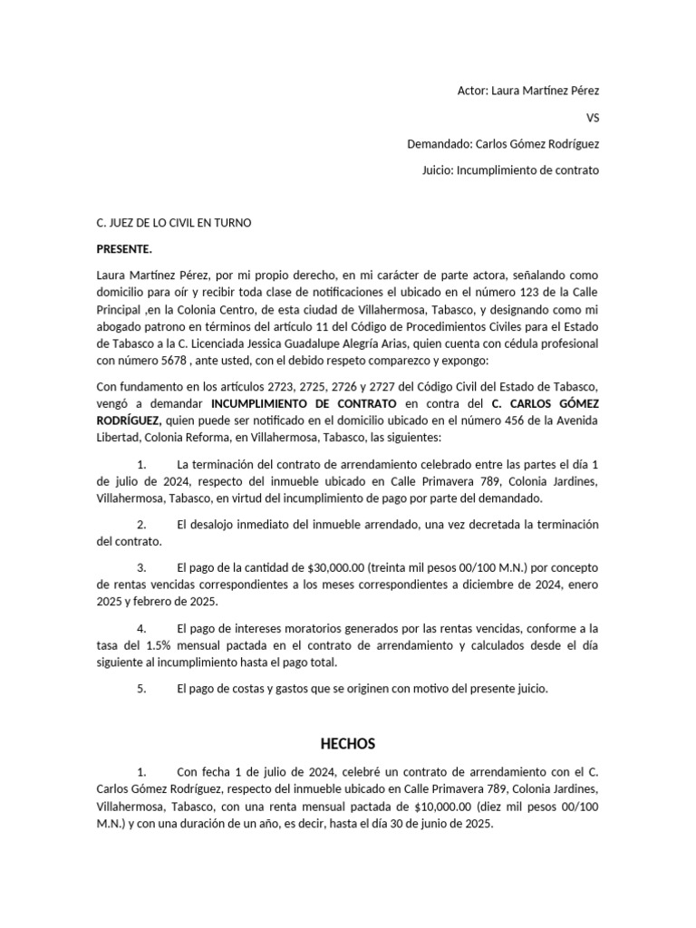 Demanda por Incumplimiento de Arrendamiento | PDF