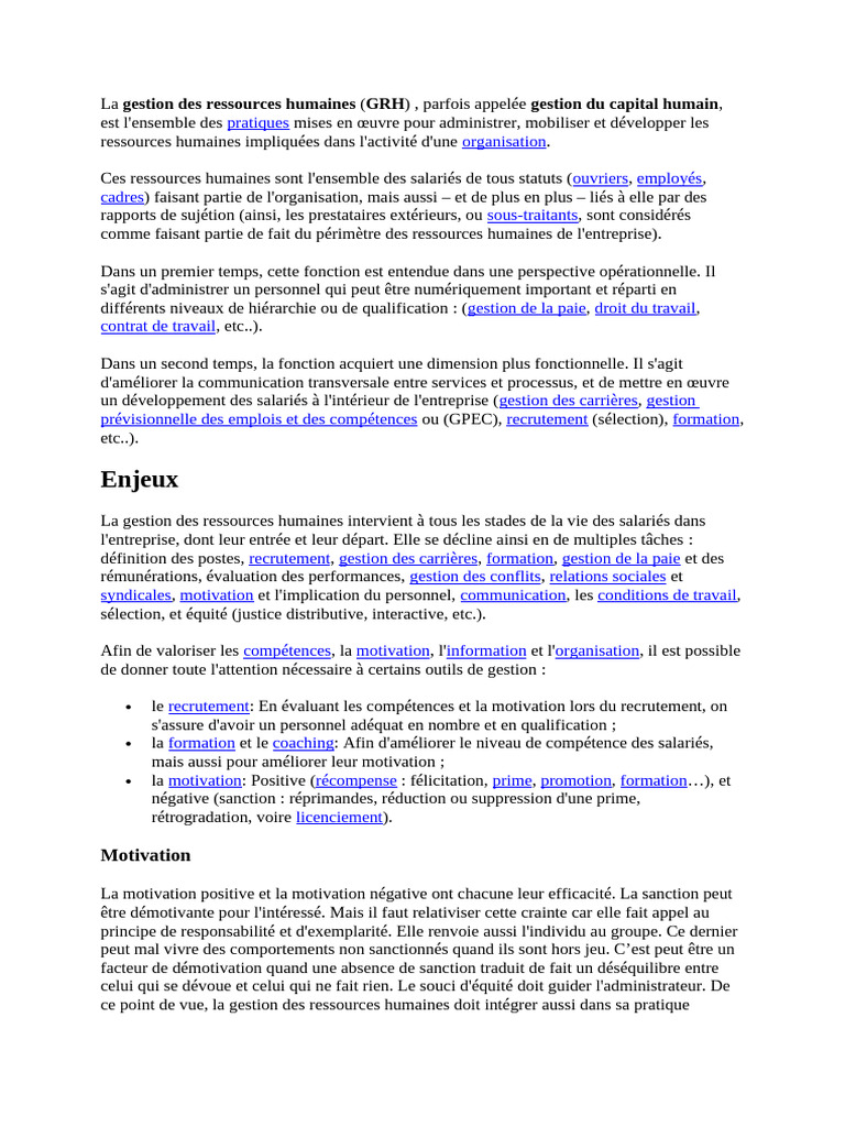 Gestion des Ressources Humaines : Enjeux et Pratiques | PDF | Gestion ...