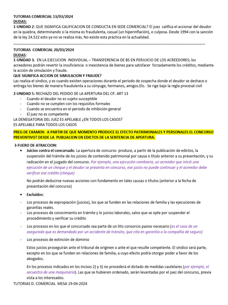 Tutorías Derecho Comercial 2024 | PDF | Bancarrota | Liquidación