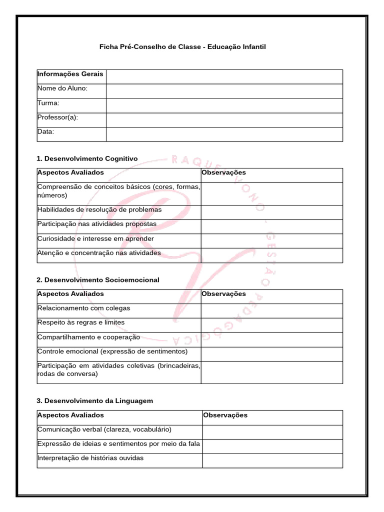 Ficha de Pré-Conselho - Educação Infantil | PDF