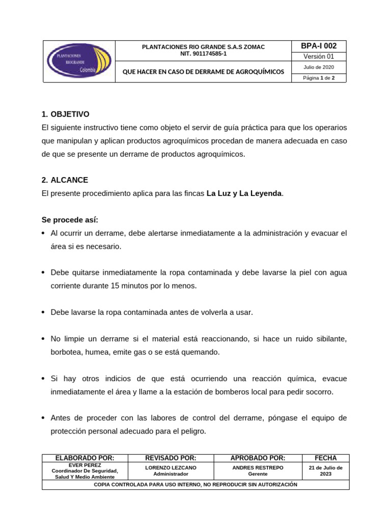 Protocolo de Derrames de Agroquímicos | PDF | Pesticida