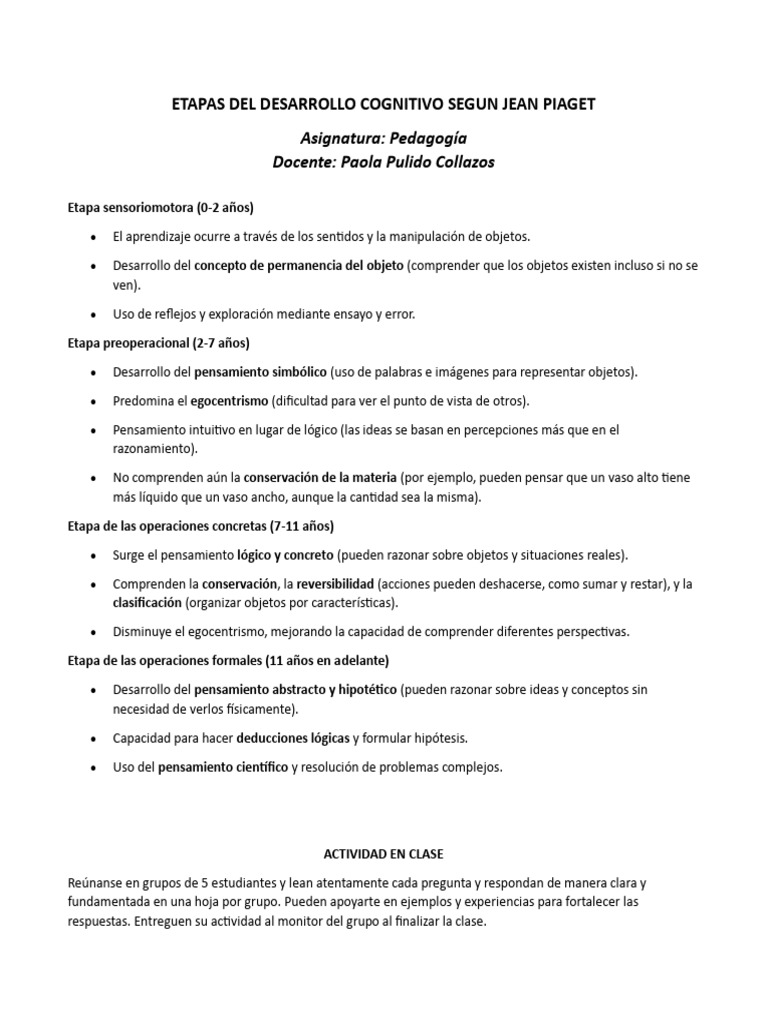 Etapas del Desarrollo Cognitivo de Piaget | PDF | Desarrollo cognitivo ...
