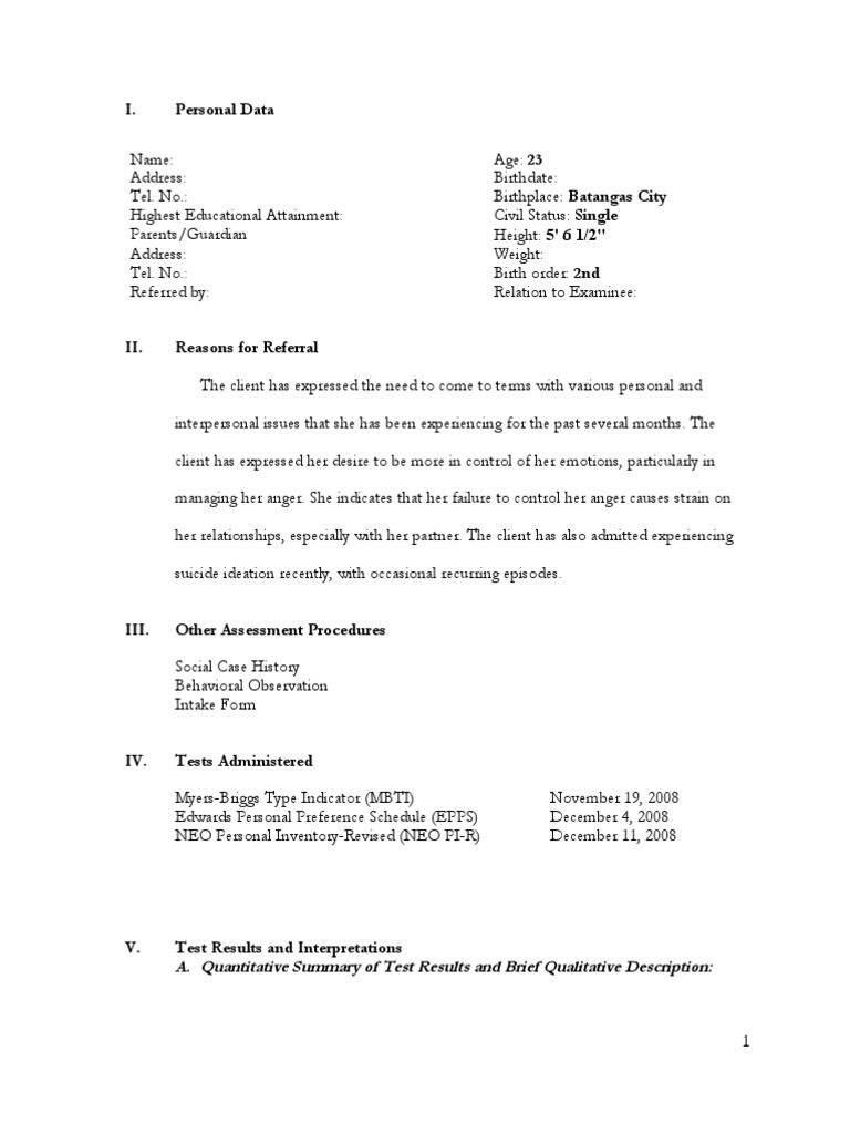 Sample Psychological Report - Confidential | Anger | Coping (Psychology)