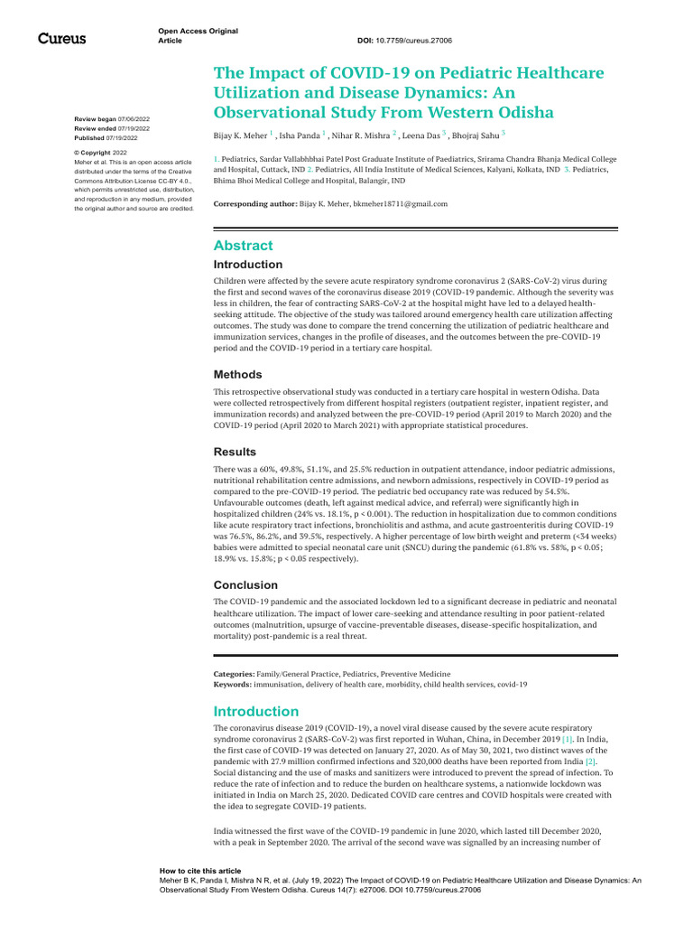 The Impact of Covid 19 On Pediatric Healthcare Utilization and Disease ...