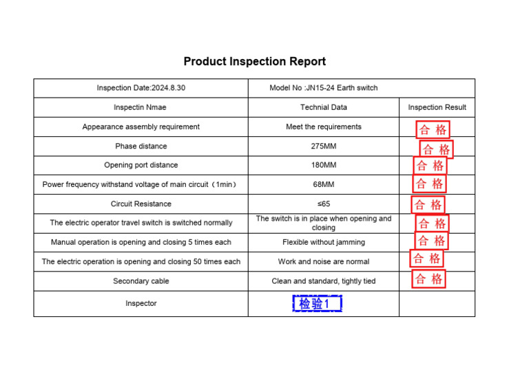 JN15-24 Earth Switch Inspection Report | PDF