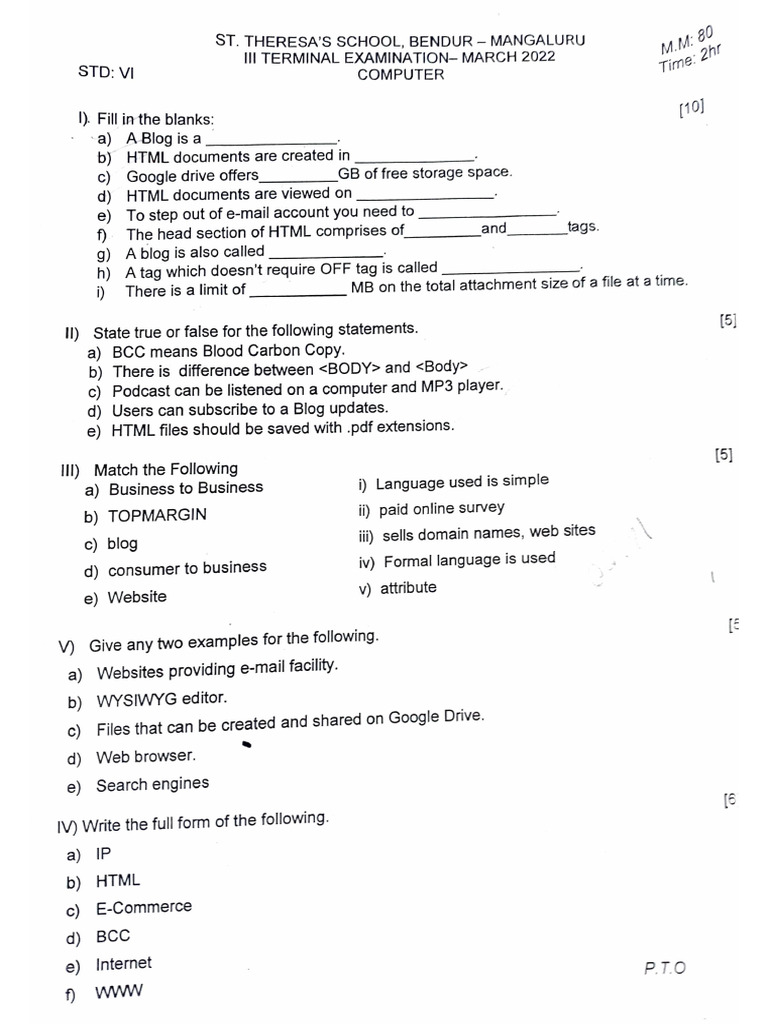 VI Grade Computer Exam Paper 2022 | PDF | Html | Computing