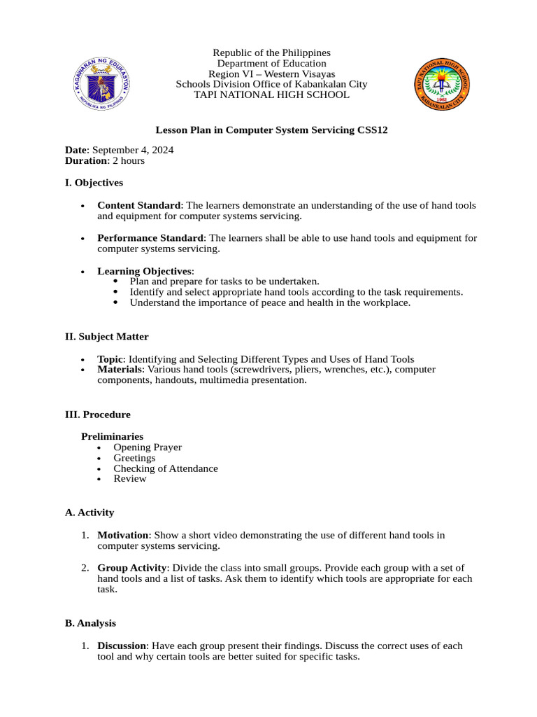 Lesson Plan for Computer System Servicing | PDF | Electrical Wiring | Tools