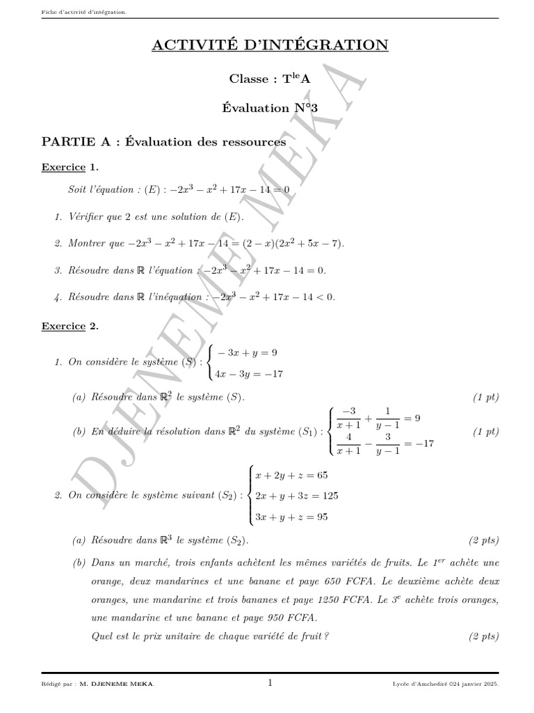 Évaluation d'intégration en mathématiques | PDF | Équations