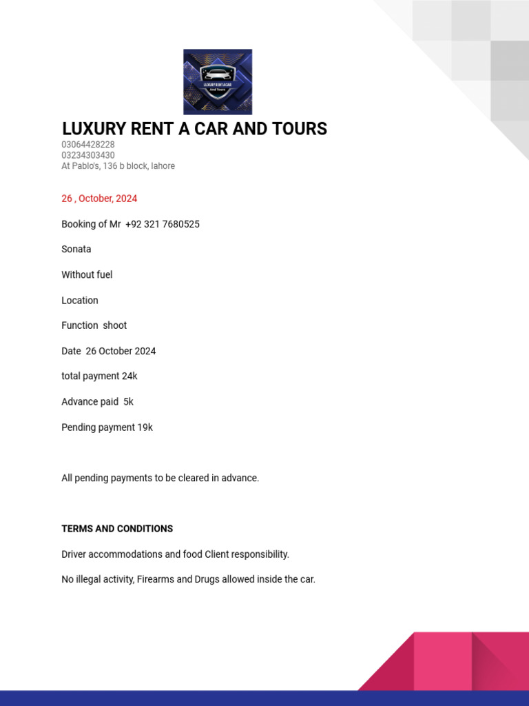 Luxury Car Rental & Tour Terms | PDF