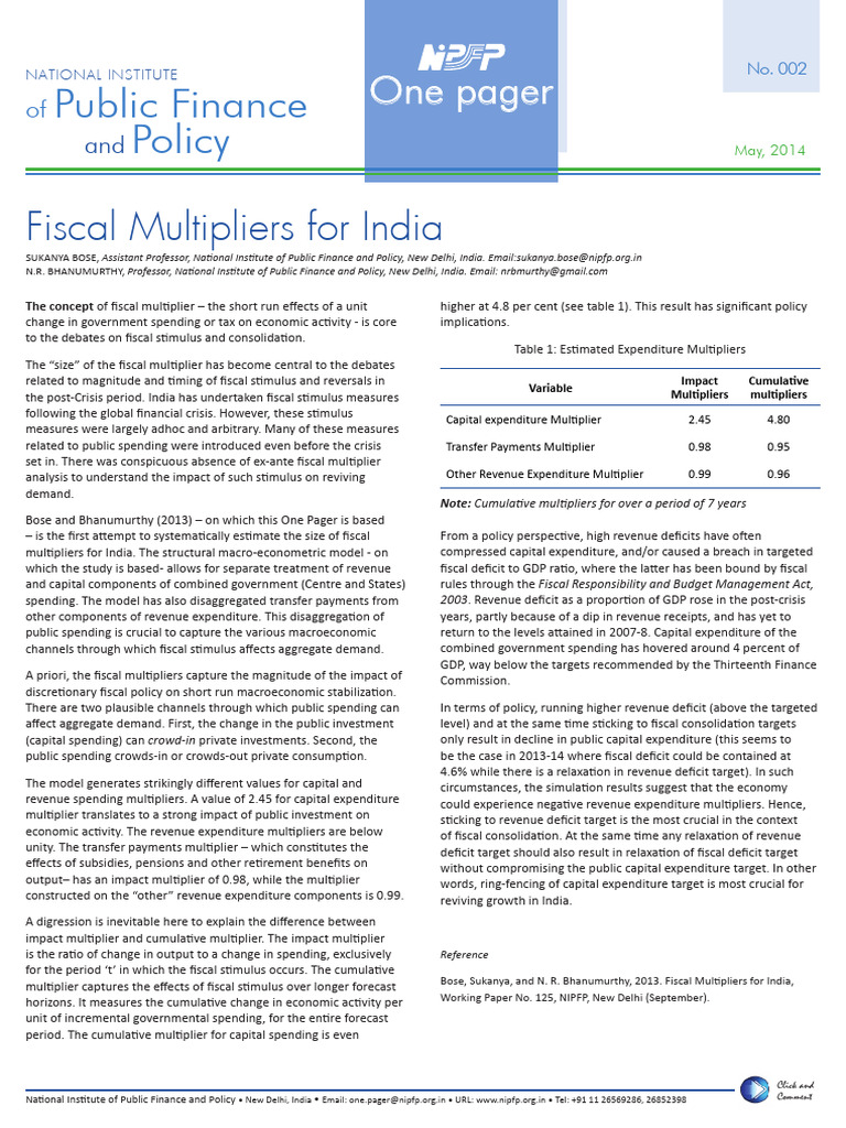Fiscal Multipliers Impact in India | PDF | Fiscal Policy | Fiscal ...