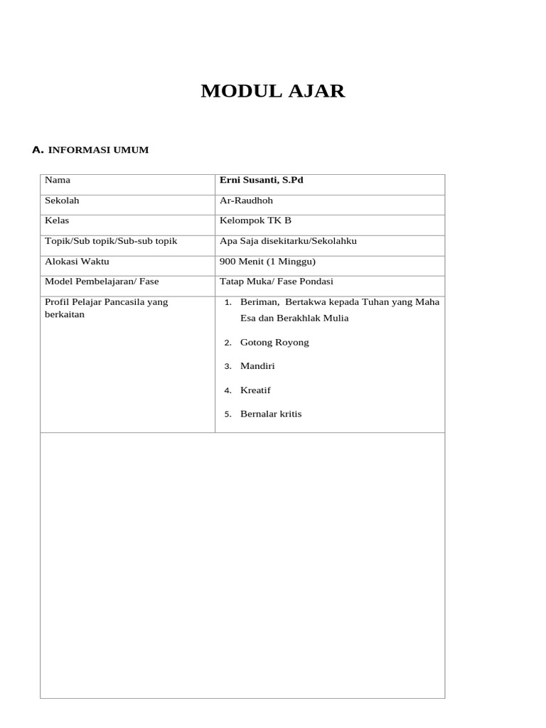 Modul Ajar TK B: Sekolah dan Lingkungan | PDF