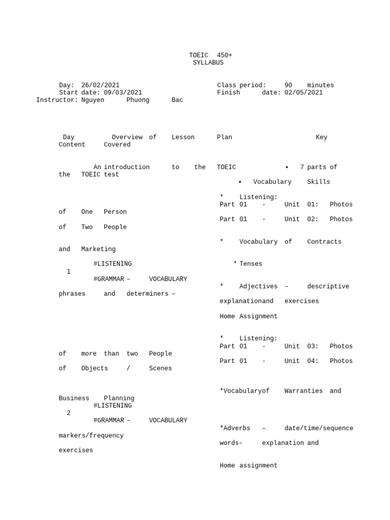 Syllabus For TOEIC 450 | PDF | Verb | Adverb