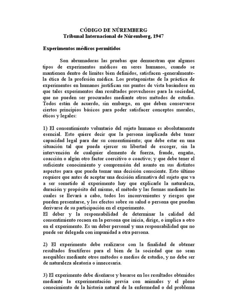Código de Nuremberg 1947 Método científico Conocimiento