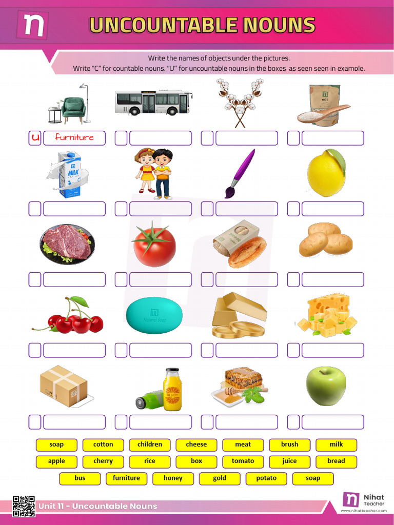 Unit 11 - Uncountable Nouns Worksheet 1 | PDF